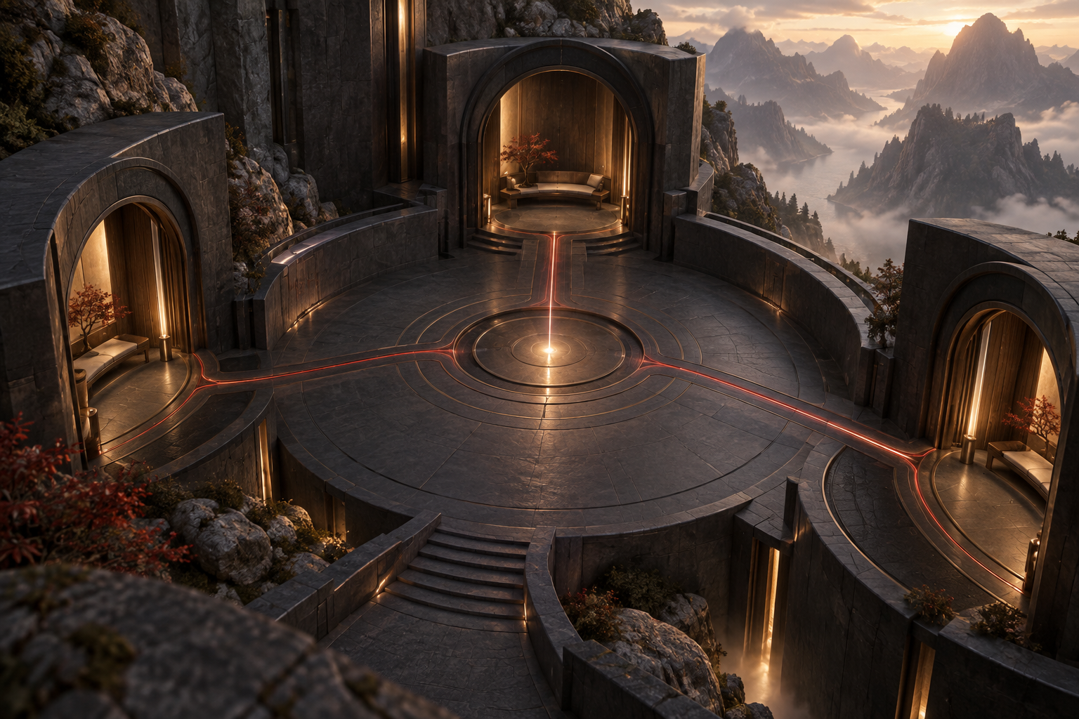 Concept artwork: private alcoves connected by red light paths around a shared mountain courtyard.
