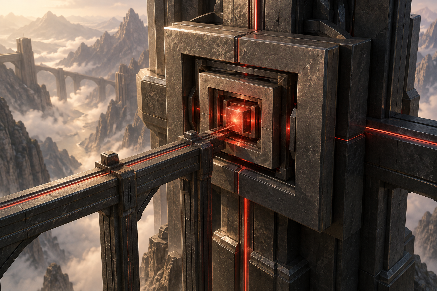 Concept artwork: interlocking geometric layers surround a luminous red core in a monumental structure.