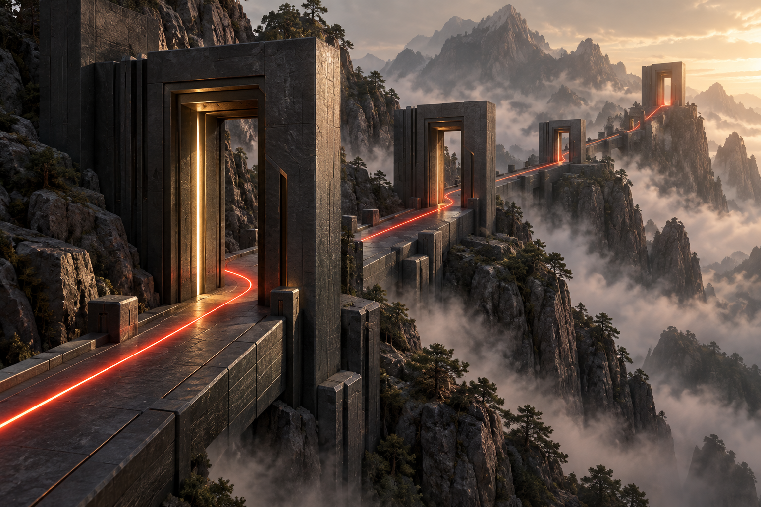 Concept artwork: a continuous red signal follows a path through stone gateways above a misty landscape.