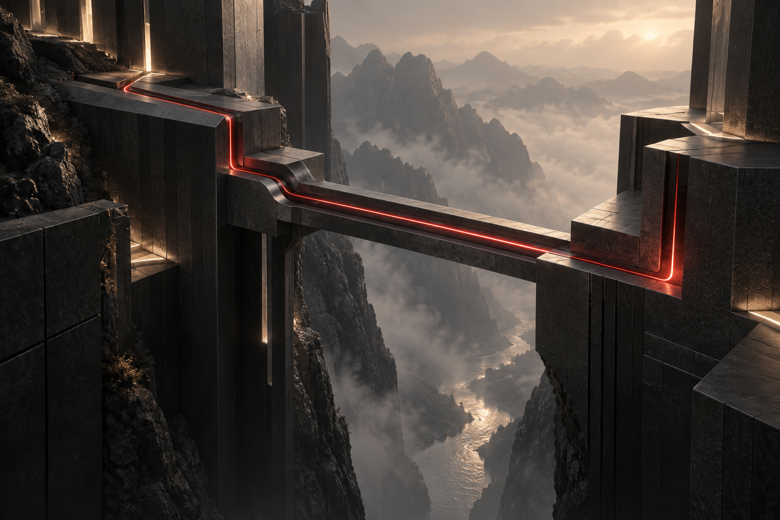 Concept artwork: a red signal crosses a bridge between monumental structures above a mountain valley.